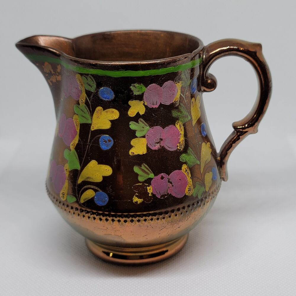 Antique Victorian Copper Luster Jug Staffordshire England Hand Painted Flowers